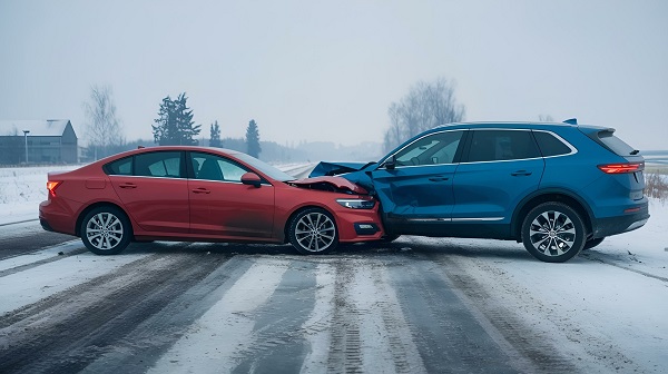 A head-on collision between two cars on a snowy road, showing visible front-end damage to both vehicles.